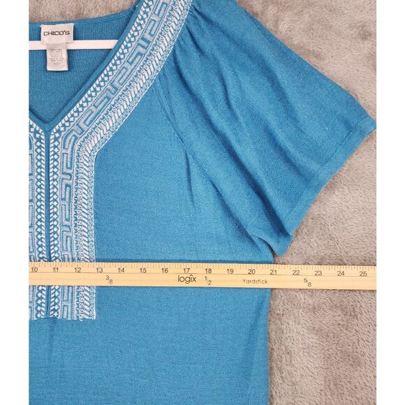 Chicos Shirt Womens 3 Blue Embroidered Linen Blend Casual Short Sleeve Blouse - Picture 4 of 10
